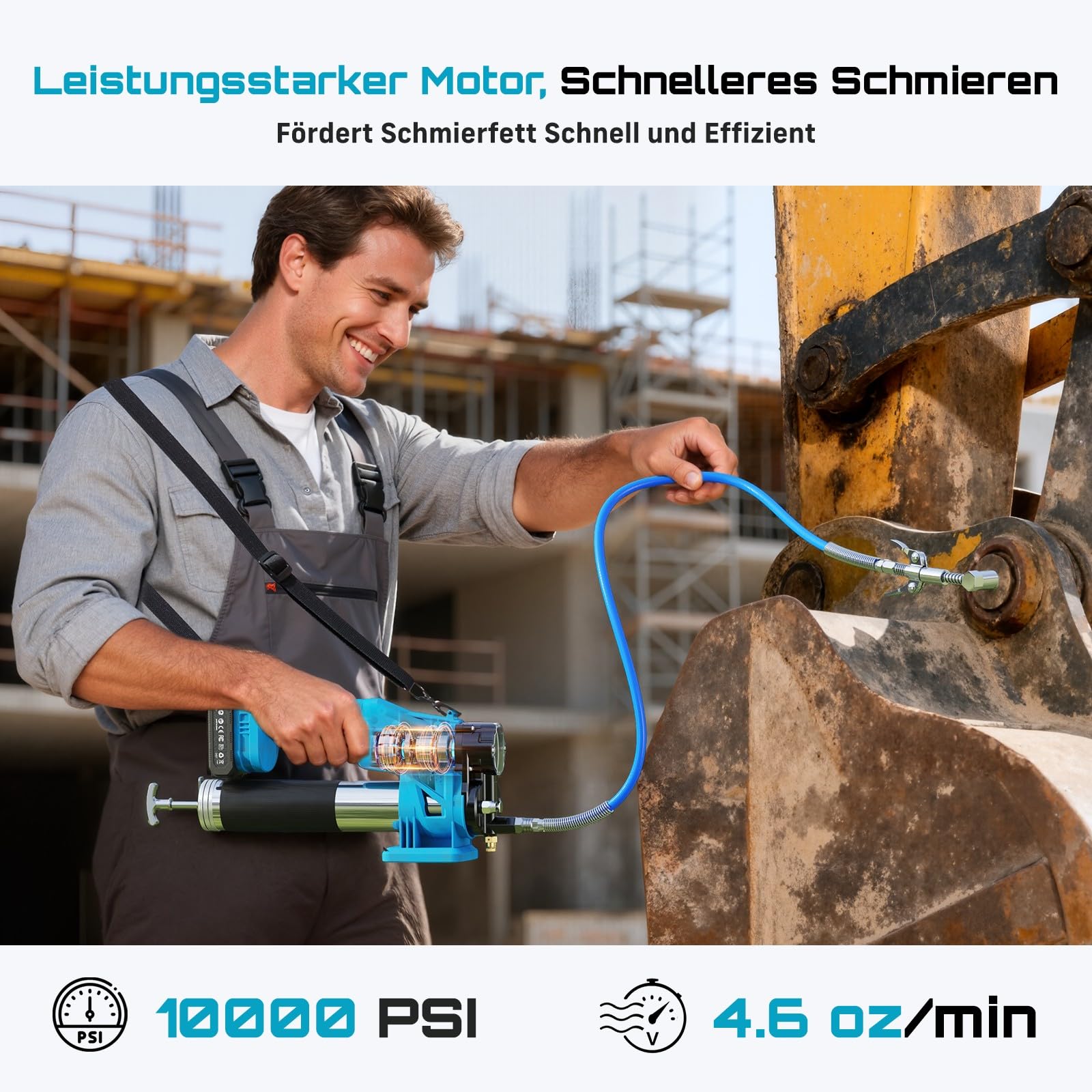 Seesii Akku Fettpresse Set: 10000 PSI Hochleistungs Elektrische Fettpresse mit 4,6 oz/min, 2 Akkus, 39,4" langem Schlauch, 90-Grad-Kupplung und 3 Mundstücks für Schnelleres und Müheloses Schmieren