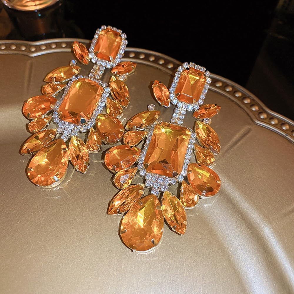 Xerling Yellow Rhinestone Chunky Earrings Geometric Square Crystal Dangle Earrings Oversized Art Deco Costume Jewelry for Women - Image 4