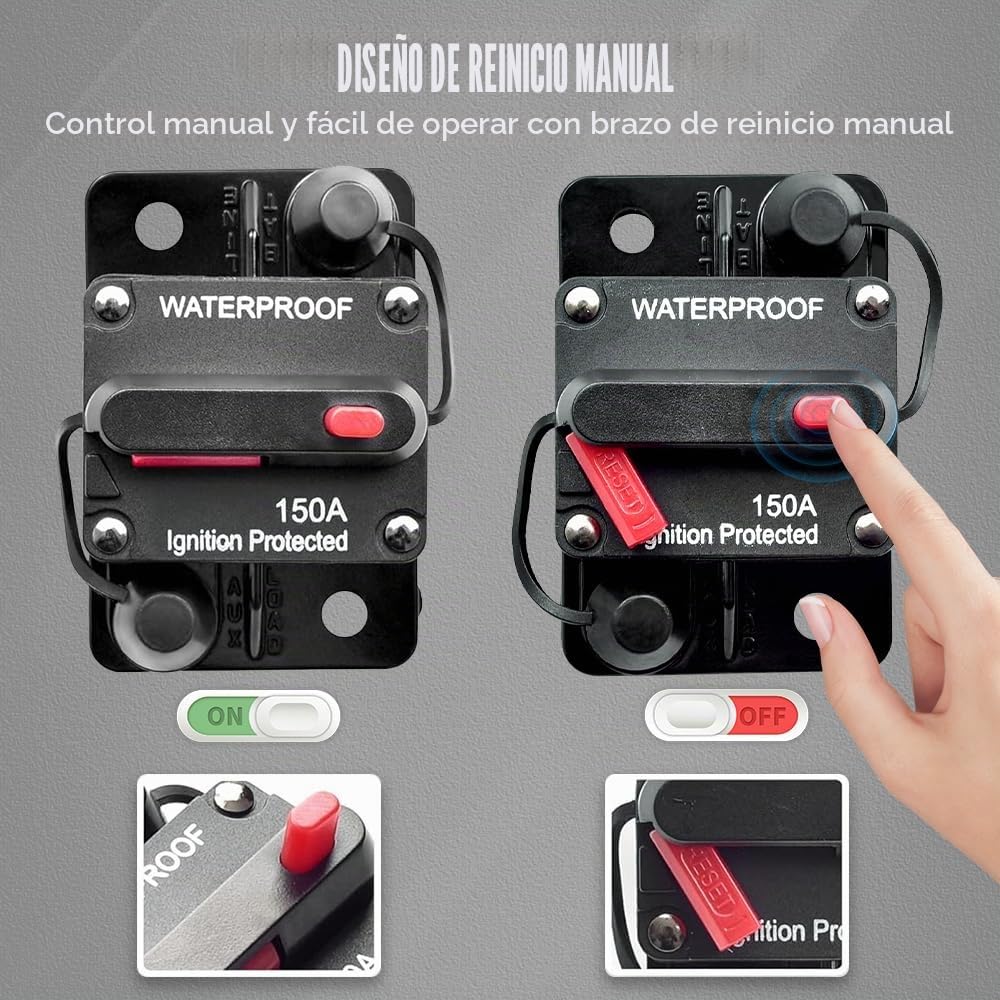 Disyuntor DC12-48V, resistente al agua, reajuste manual, portafusibles, interruptor de reinicio y protección para motor de coche, audio marino