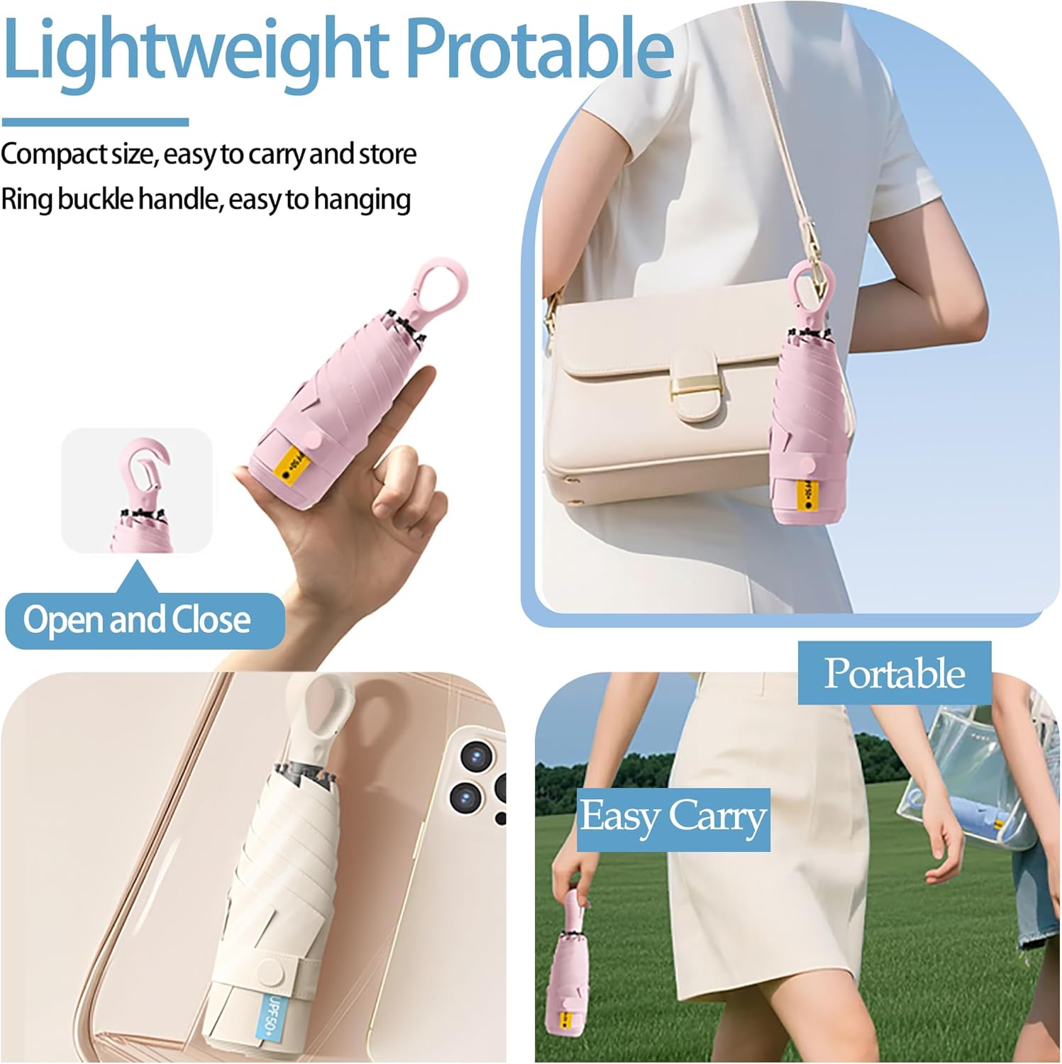 Mini Compact Folding Travel Umbrella with Carabiner Ring Handle,Fiberglass Ribs,UV Protection,UPF 50+ UV Sun Rain Protection,Lightweight Small,Handbag,Teflon Coating,Women Kids - Image 6