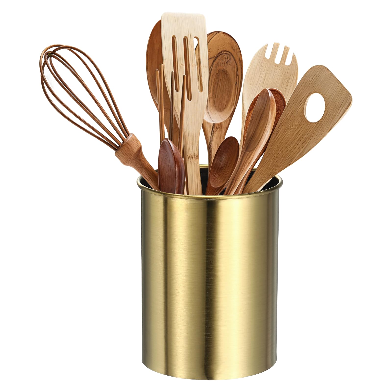 sourcing map Kitchen Utensil Holder, 3.1x3.9 Stainless Steel Utensil Cutlery Holder Cooking Flatware Organizer for Kitchen Restaurant Countertop Fork, Straw, Knives, Spoon, Chopstick, Gold