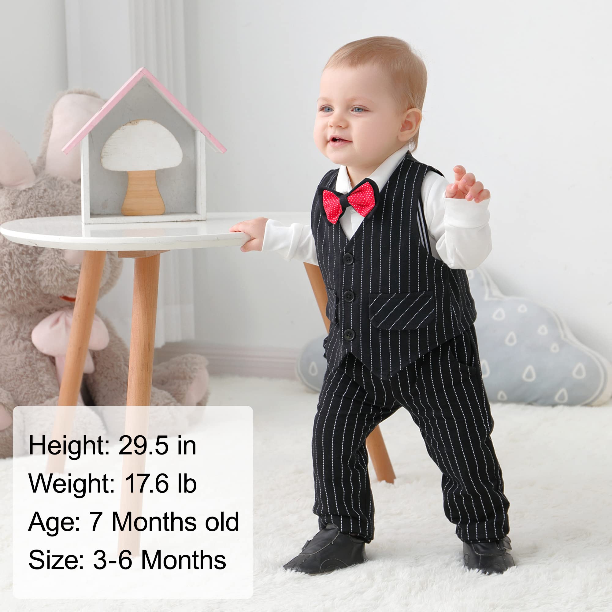 SANMIO Toddler Baby Boy Clothes Suit 4pcs Baby Boy Dress Clothes Dress Shirt with Bow tie + Suspender Pants Outfit Sets