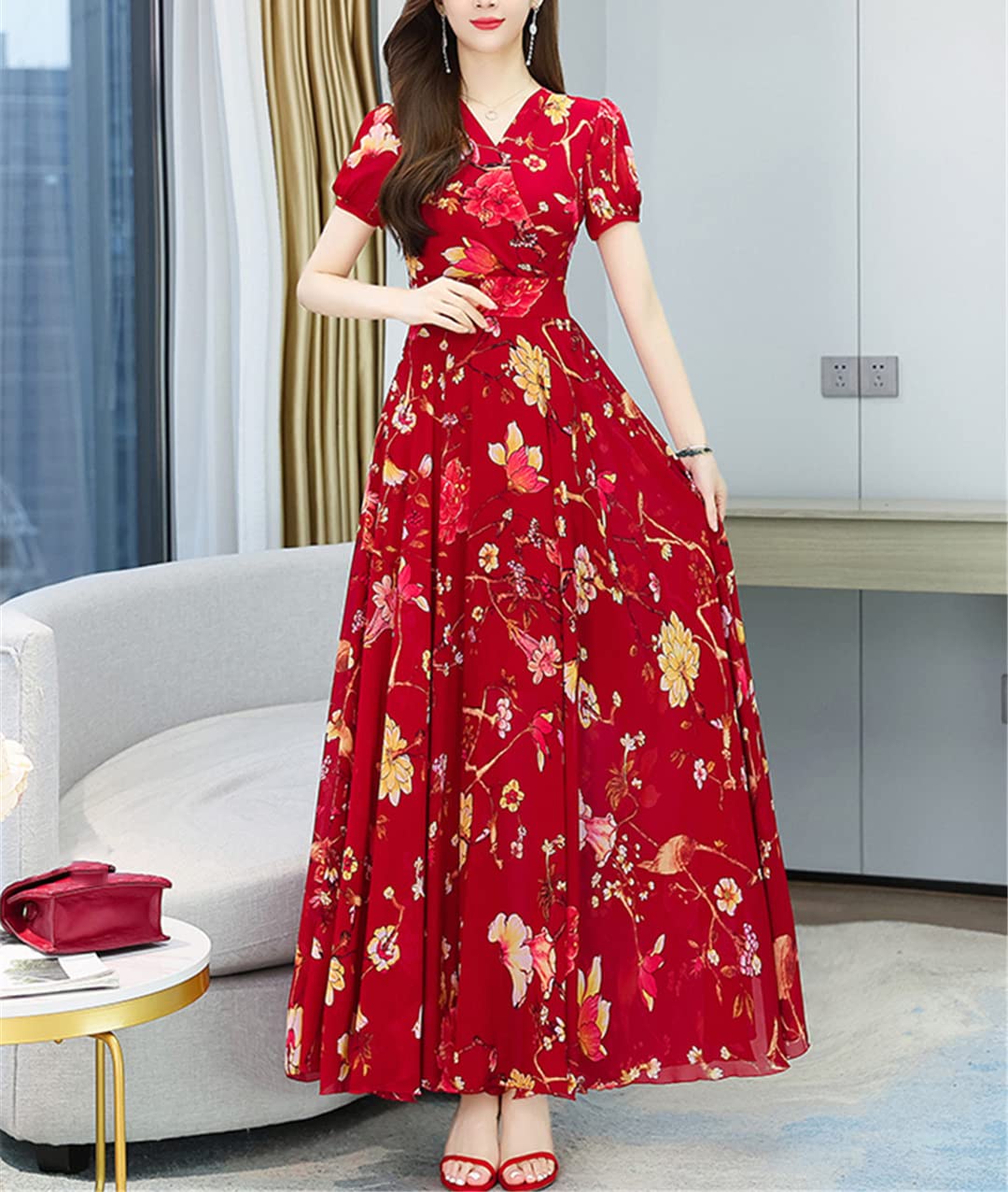 Abito estivo da donna, in chiffon, floreale, elegante, vintage, per feste