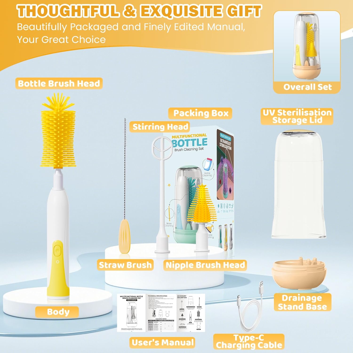 IvyWind Electric Travel Baby Bottle Brush Set with Storage Box, Automatic Bottle Cleaner Brush Kit with Silicone Bottle/Nipple/Straw Brush,Milk Frother Electric and Drainage Rack, Rechargeable, Yellow - Image 5