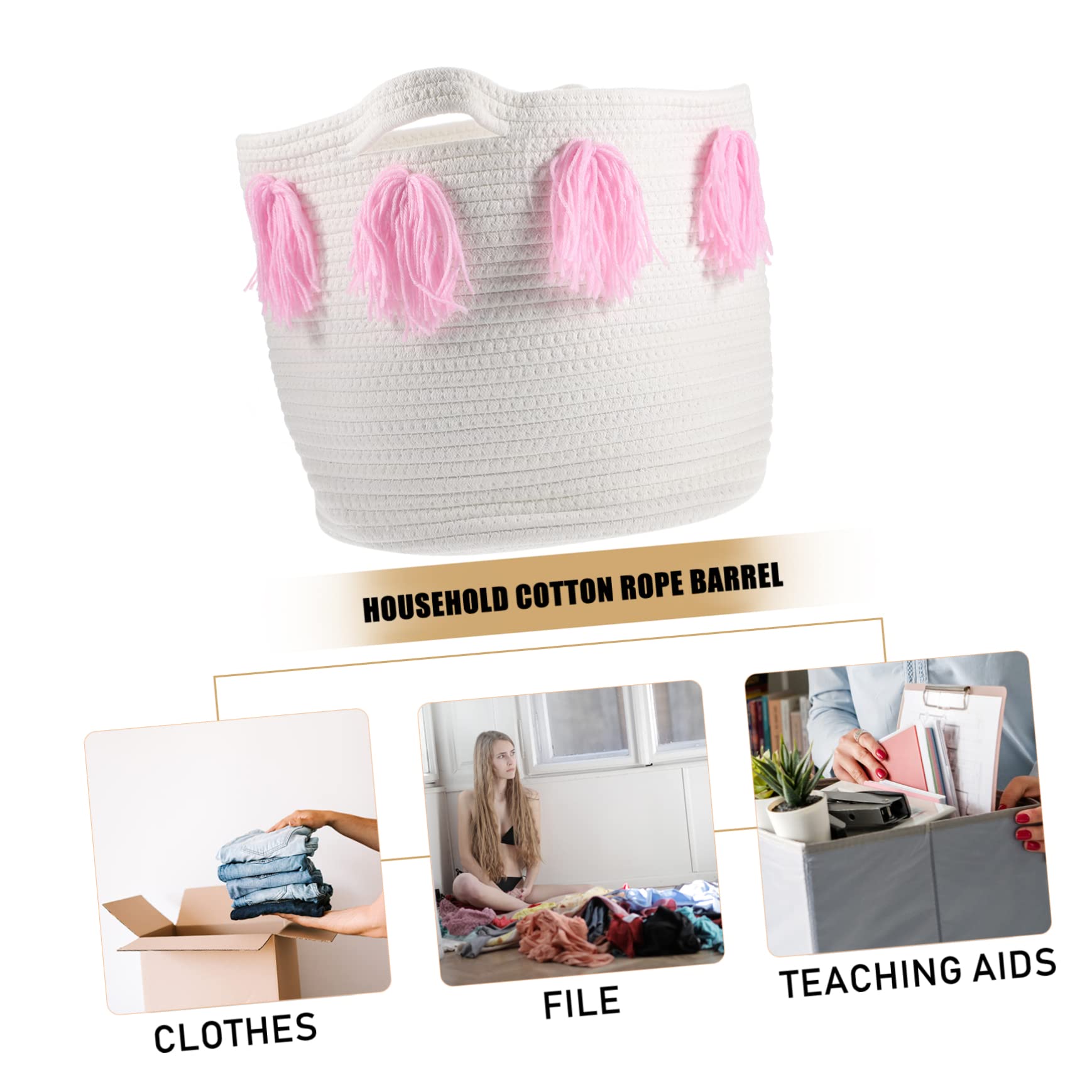 IMIKEYA Cesta Organizadora de Escritorio de Cuerda de Algodón Rosa | Estilo Nórdico Simple, Flecos de Tassel, para Almacenamiento Doméstico y Decoración del Hogar