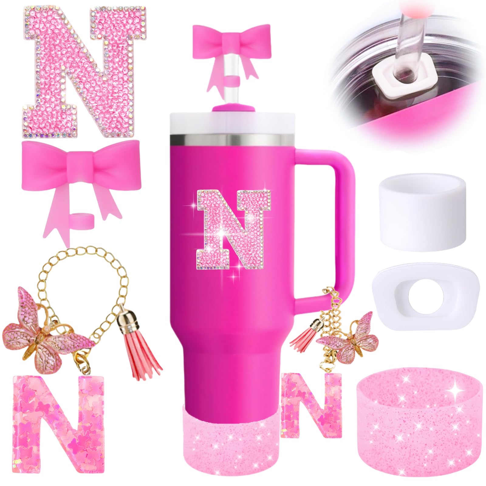 6PCS Pink Stanley Cup Accessories Set, Initials Decorations for Stanley Cup 30oz 40oz, Includes Bow Straw Topper, Handle Charm, Letter Sticker,