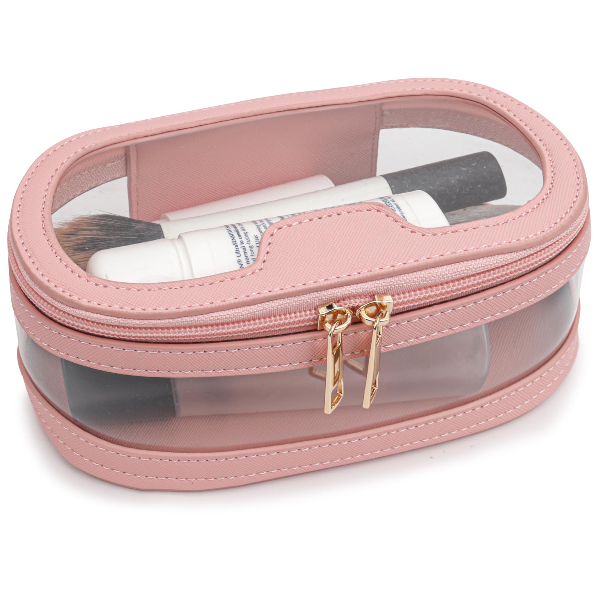 VekiTransparent Makeup Bag Double Travel Cosmetic Bags Case Waterproof Toiletries Bag Large Capacity Open Storage Bag Organizer for Women and Girls, Pink, X-Small, Simple