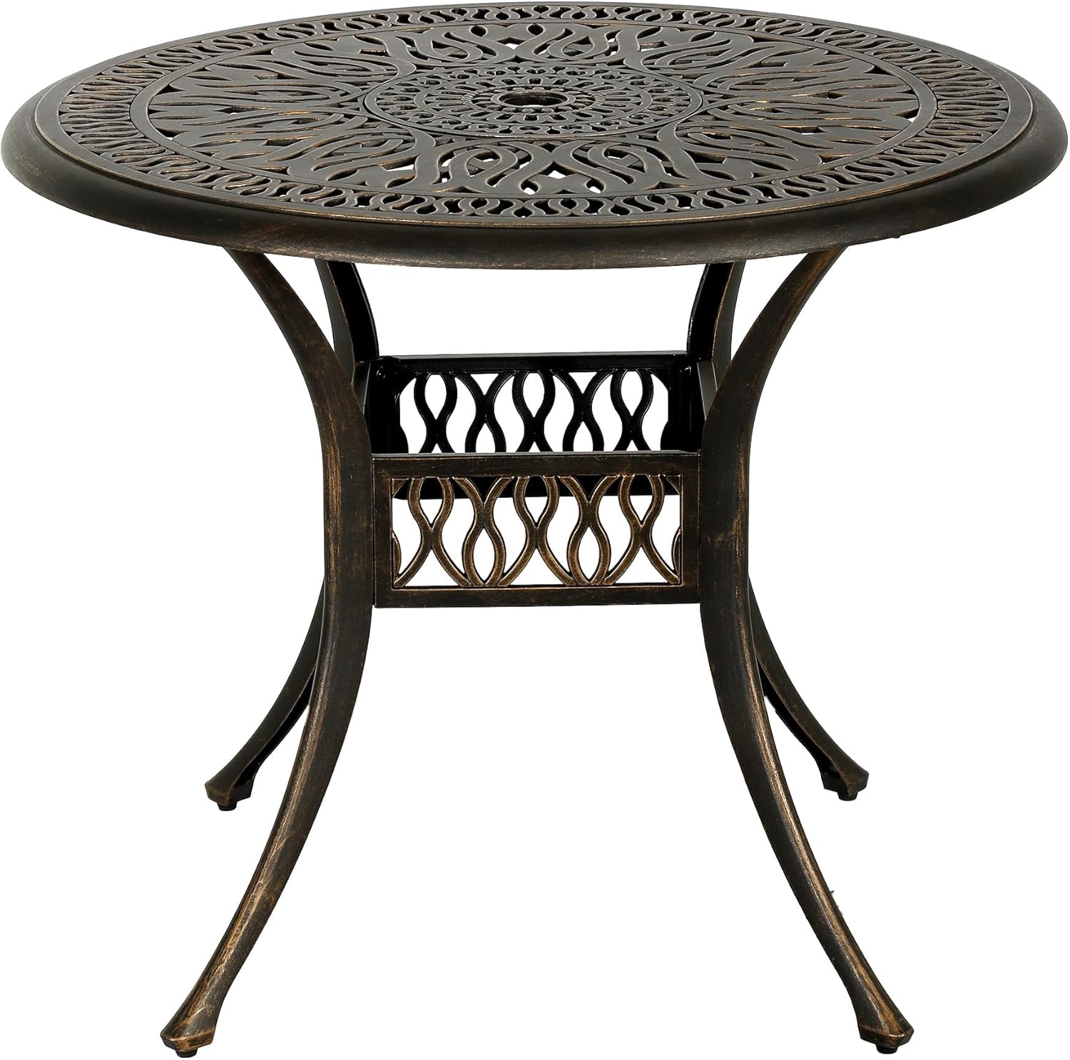 35.4in Round Cast Aluminum Patio Bistro Table, Outdoor Dining Table with 2" Umbrella Hole, Weather-Resistant Table for Porch, Backyard, Garden, Balcony, Bronze (35.4" Round Table)