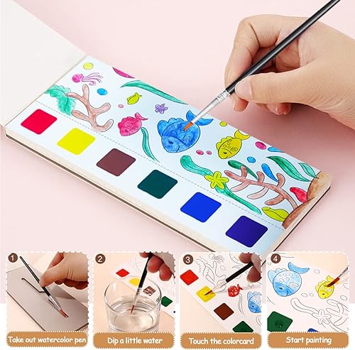 Miniatura 3 de Libros para colorear para niños, contiene pinceles y pinturas, libro de pintura de acuarela de bolsillo, libros para colorear con 20 páginas de