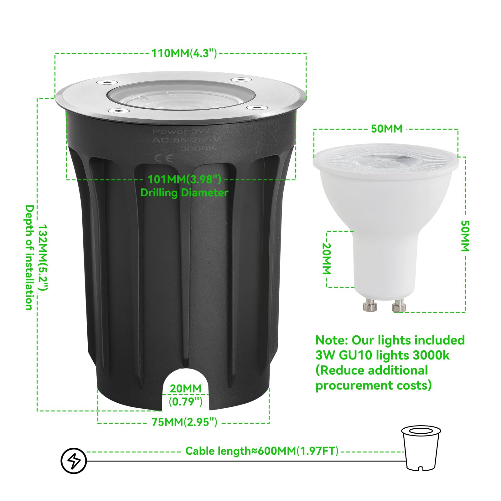 Goodia Bodemstraler Buiten voor GU10, 3 W LED IP67 inbouwstraler Aussen Instelbare Winkel, Bodenverlichting Buiten/Terrasverlichting Met