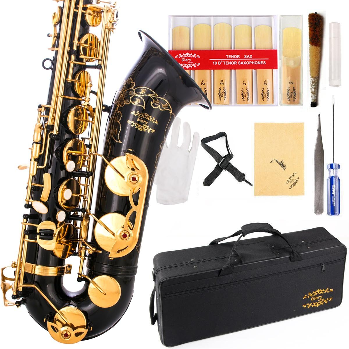 Black/Gold B Flat Tenor Saxophone with Case,10pc Reeds,Mouth Piece,Screw Driver,Nipper. A pair of gloves, Soft Cleaning Cloth