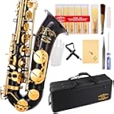 Glory Black/Gold B Flat Tenor Saxophone with Case,10pc Reeds,Mouth Piece,Screw Driver,Nipper. A pair of gloves, Soft Cleaning Cloth