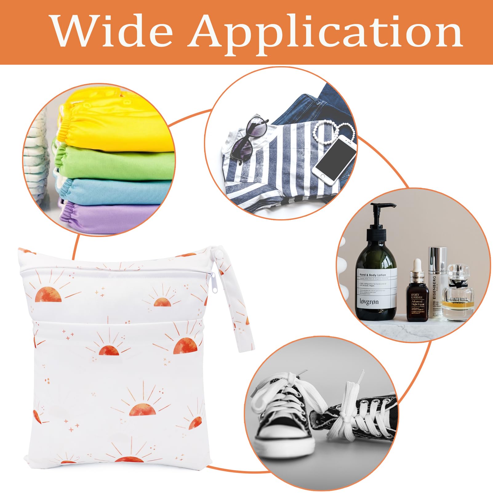 Wet Bag, 2 PCS Wet Dry Bags for Cloth Diapers Nappy Daycare Organiser Storage Bags, Waterproof Washable Reusable Zipper Bag (White Sun) — view 5
