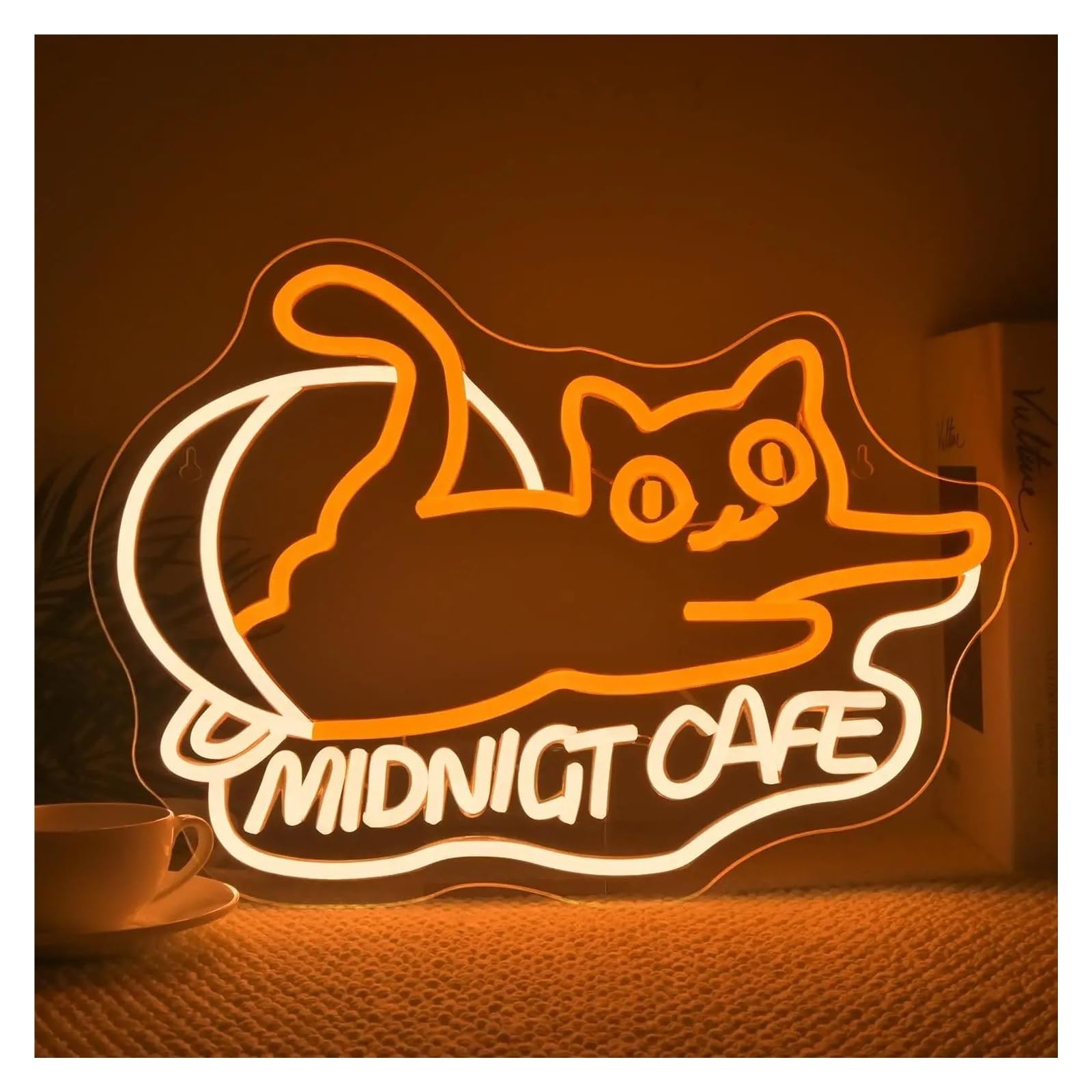 néon signe Enseigne Lumineuse Murale Midnight Cafe En Forme De Chat, Décoration Murale Pour Café, Petite Boutique De Desserts, Boulangerie, Café 43x30.8cm