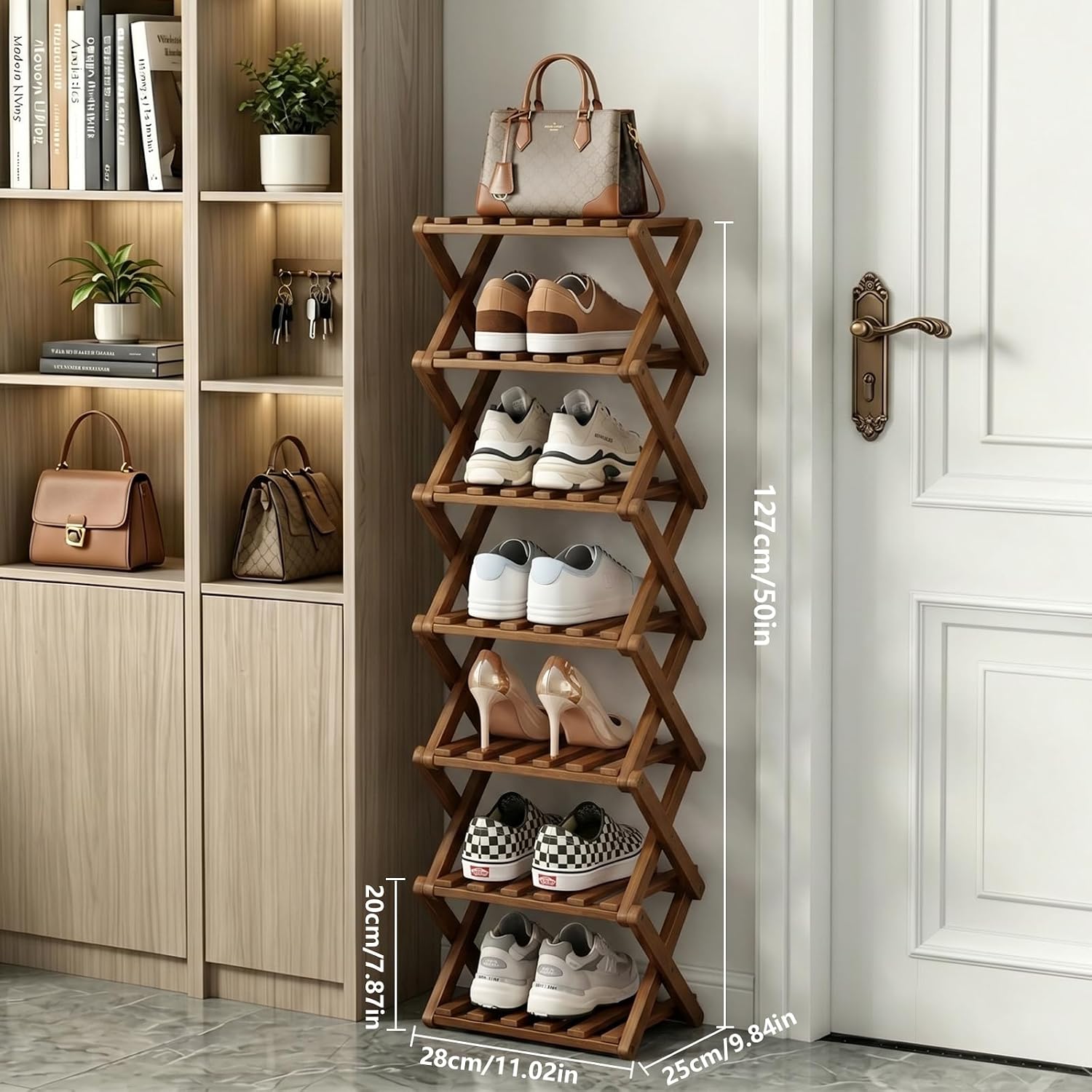 Shoe Rack, Foldable Bamboo Shoes Shelf for Small Spaces, Multifunctional Vertical Shoe Organizer Tall for Entryway, Closet, Corner, Bedroom, Hallway (Brown, 7 Layers)