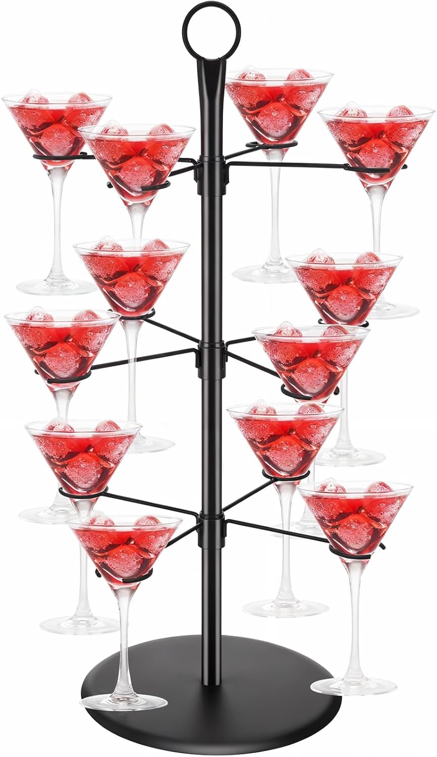 MAQUITA Cocktail Tree Stand, Metal Drink Tower, 3 Tier - 12 Holders For Champagne, Martini, Margarita Cups - Black