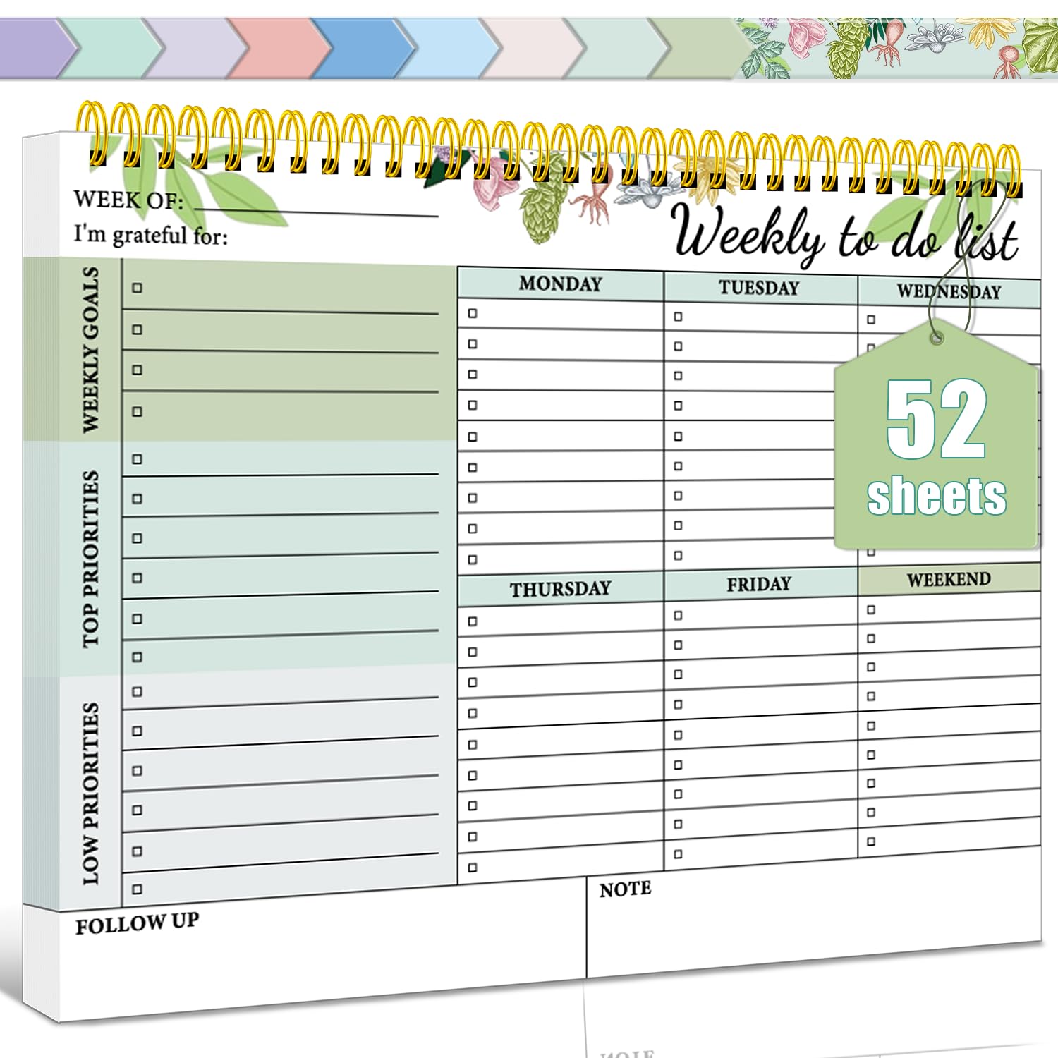 BLESWIN To Do List Notebook, Weekly Planner Notepad Undated 52 Sheets, To Do List Pad Spiral Bound Checklist for Work and Personal Organize Daily Tasks Schedule