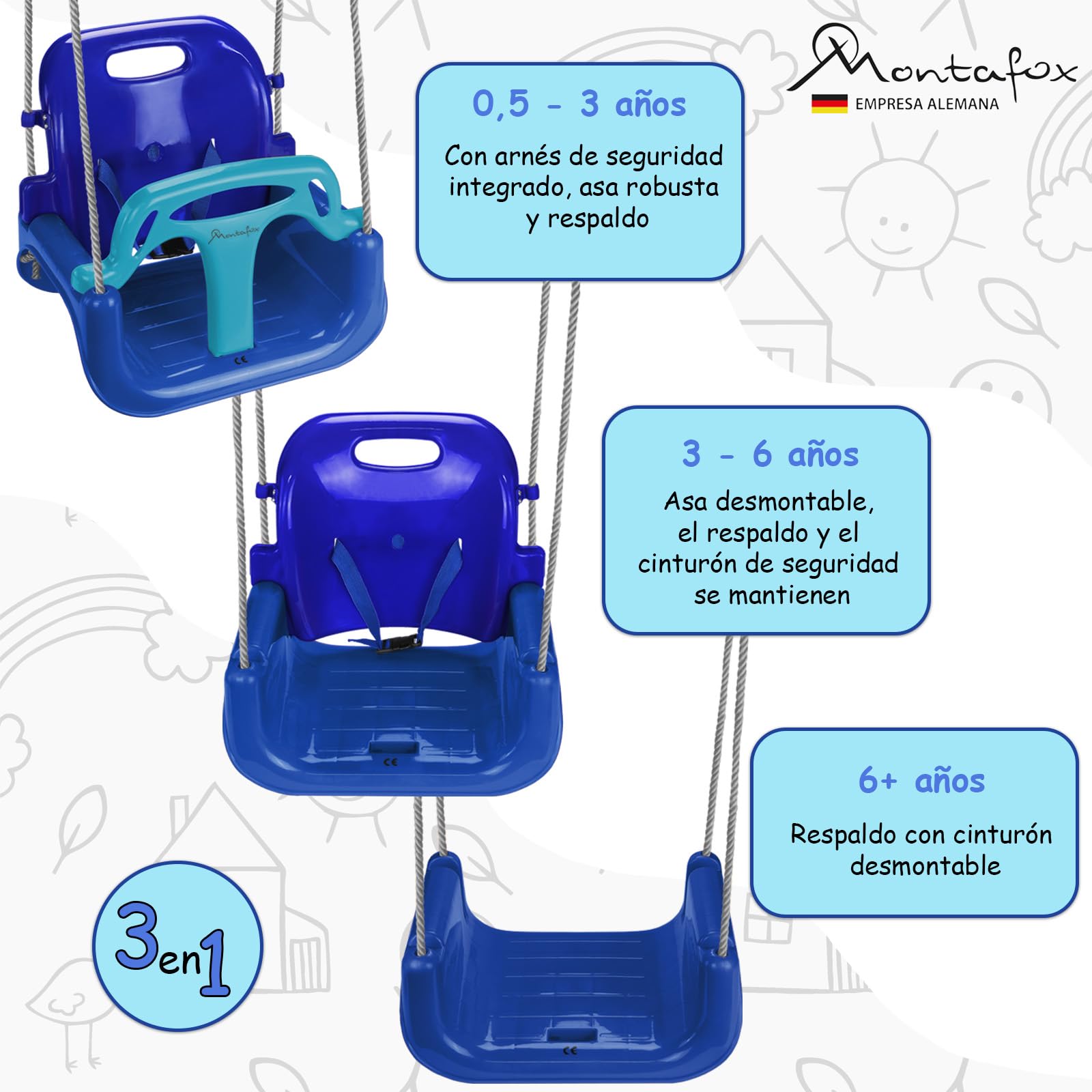 Montafox Columpio para niños bebés 3 en 1 Ajustable en Crecimiento con Respaldo arnés con Correa, Color:Azul