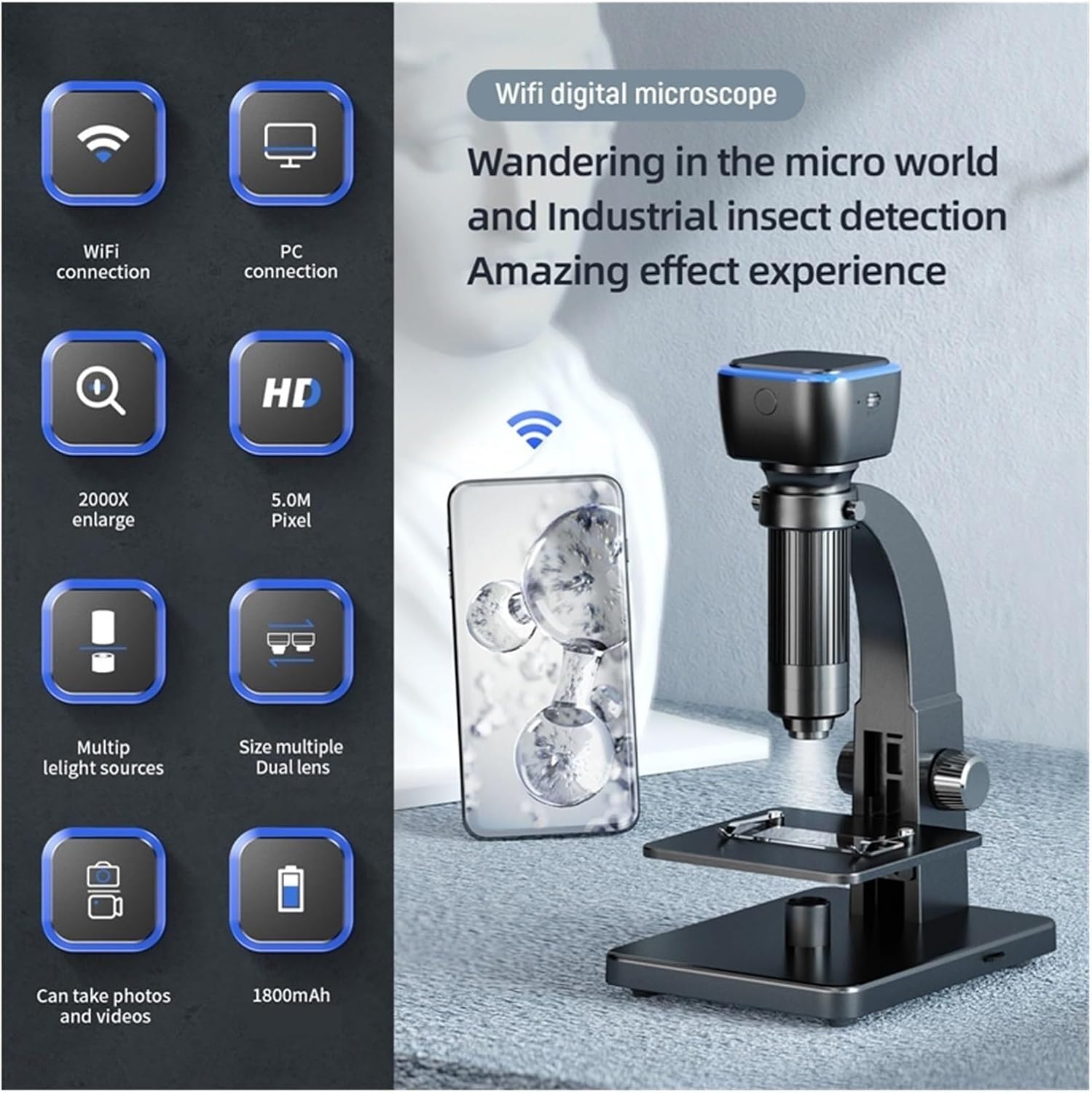 USB Microscope, Microscope 315W Dual Lens Digital 500x 2000X Multiple Observation Support USB Computer Display Magnifier Tool for Children Students Adults Beginner Learning and Experiment