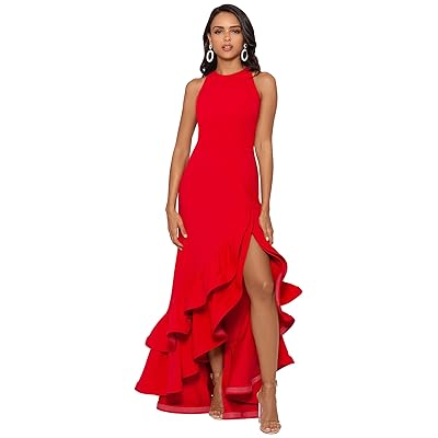Betsy & Adam Long Halter Crepe Tiered Ruffle Gown Women