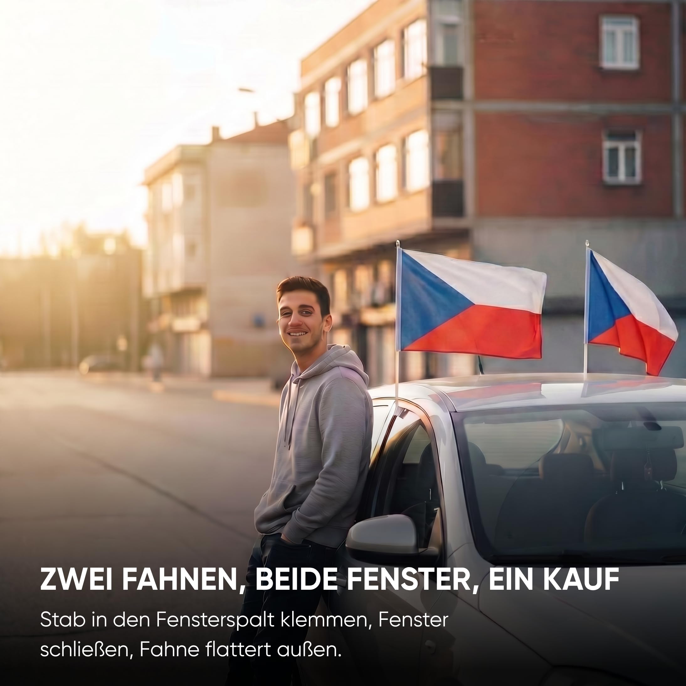 Auto Fahnen Tschechien Set - Motorhauben Fahne & 2 Autofahnen für Fenster, Fußball Fanartikel FZG für EM & WM, Tschechische Flagge Deko Set