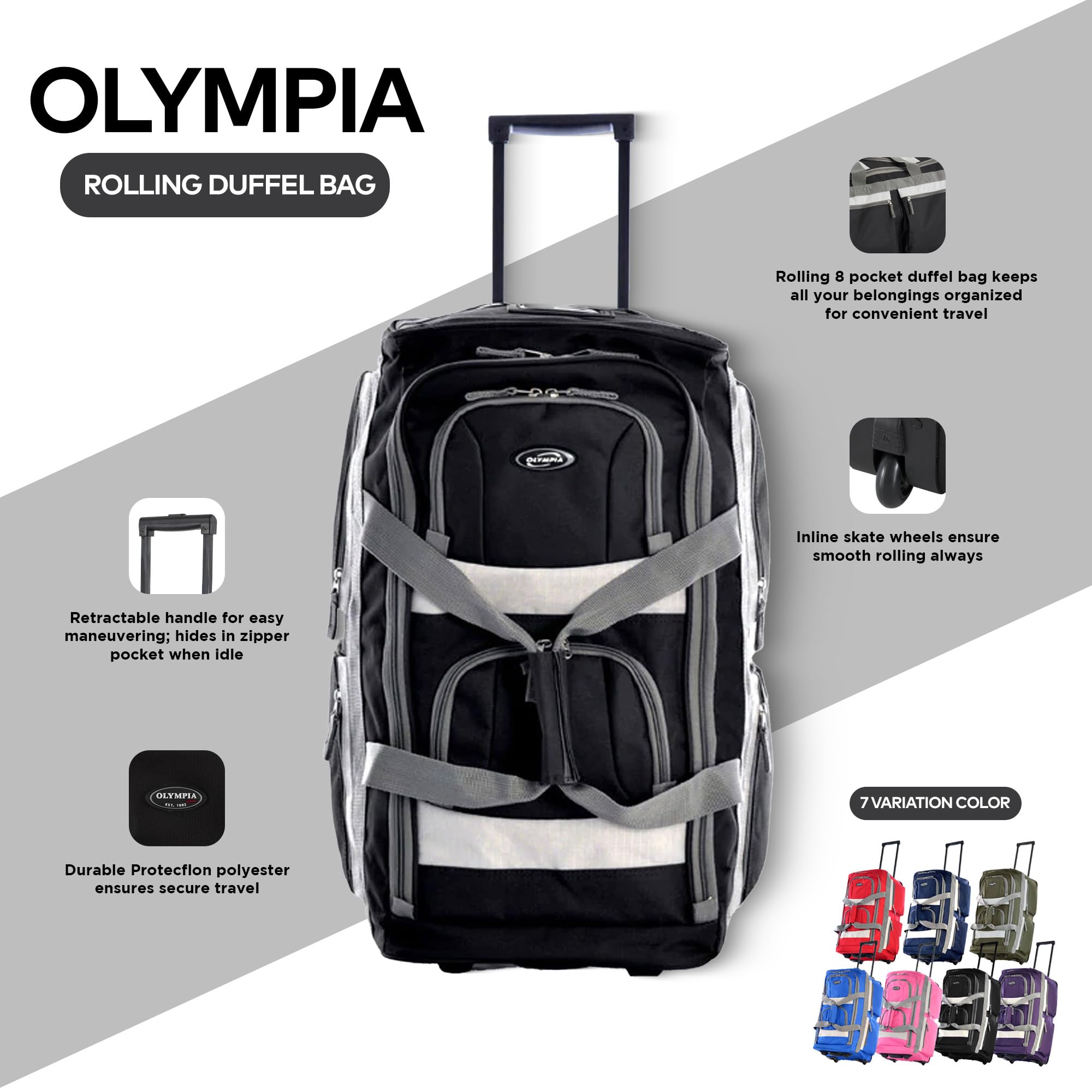 Olympia Luggage 22 Pocket Rolling Duffel Bag Black One