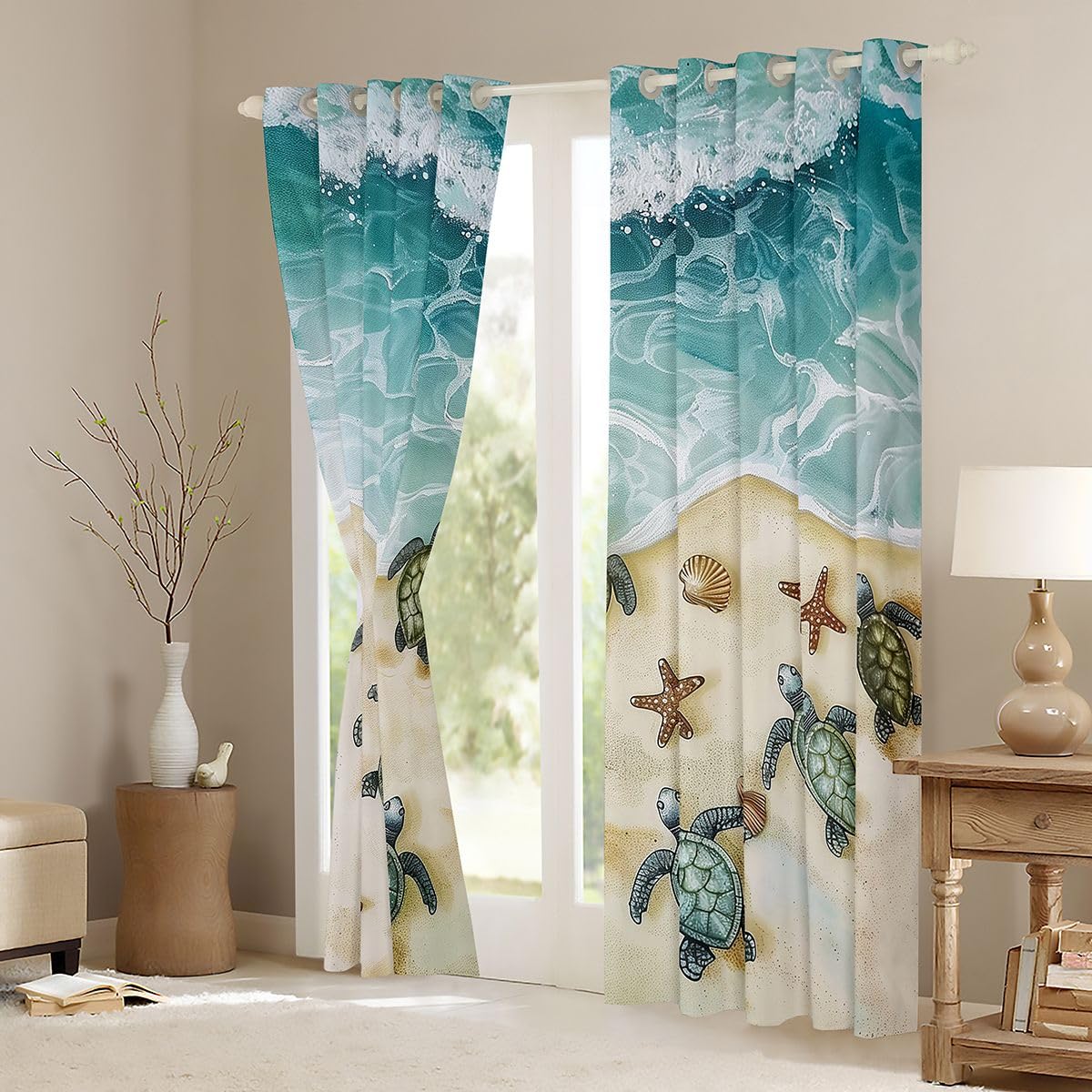 Homemissing Tende oscuranti con tartaruga marina tende oscuranti con sabbia costiera per la decorazione della camera da letto stelle marine spiaggia tonalità termoisolanti trattamenti per finestre con