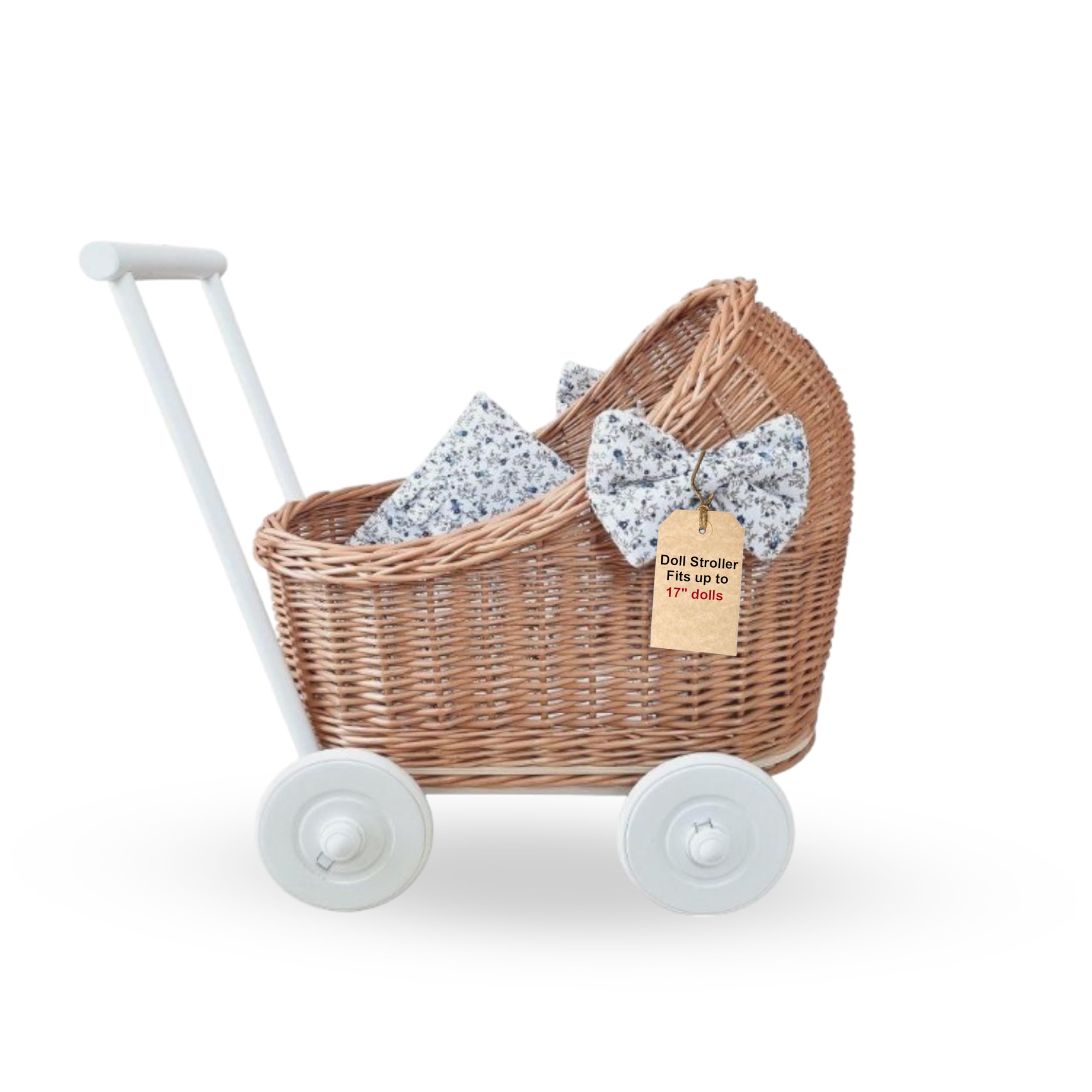 Natural Rattan Doll Stroller - Hand Made in Europe - Fits 17" Dolls & Plush Toys - Wicker Doll Pram & Baby Walker with Bedding Set - Perfect for Imaginative Play | Natural-Flower