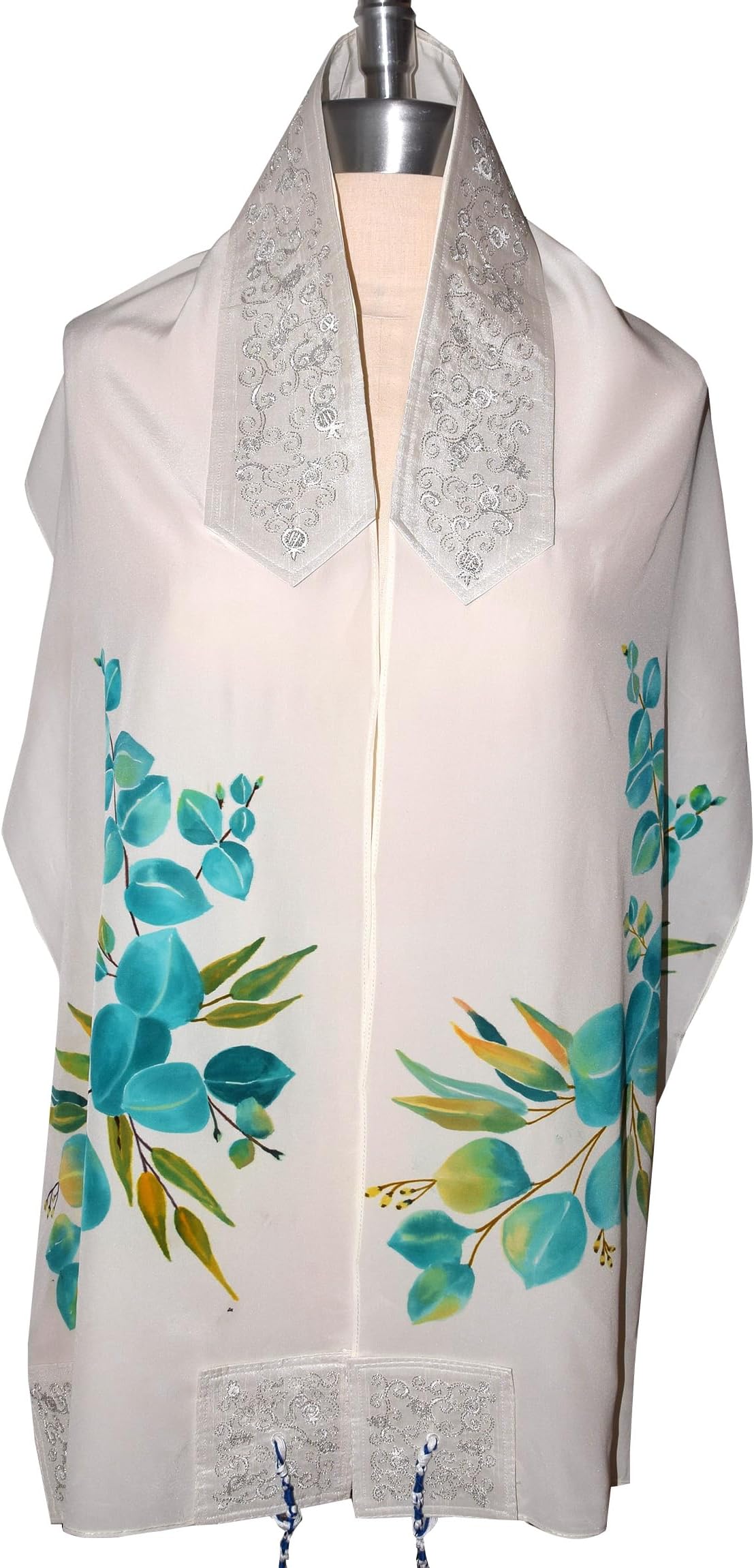 Turquoise Eucalyptus on White Handpainted Silk Tallit Prayer Shawl