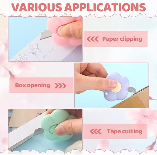 Miniatura 6 de Honoson 8 piezas de mini cuchillos utilitarios con forma de nube y flor, cortador retráctil para abrecartas de papel, sobre de cartón, cortador