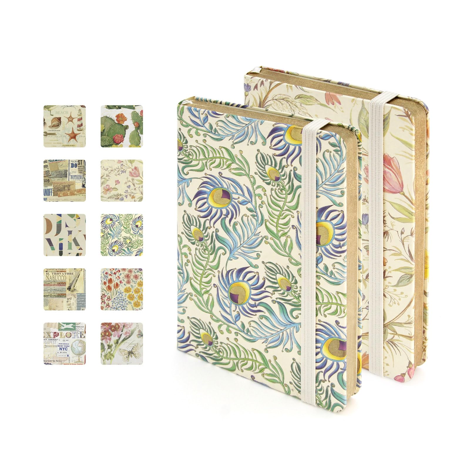 WETLOTE A6 Notebook - 2 Pack, Provence Notebook, 144 pages of straight lined paper with buckled tape, ribbon tabs, for school, office, travel, 9 x 14 cm, Peach Blossom+Peacock