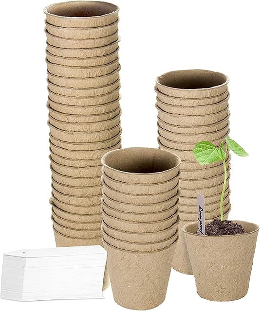 Cymax 100 Pack 8cm Round Fibre Biodegradable Pot Seed Seedling Pot with 100pcs Plastic Plant Lables, Biodegradable Herb Plant,Flower,Seed Starter Pots Kits, Garden Biodegradable Nursery Pot