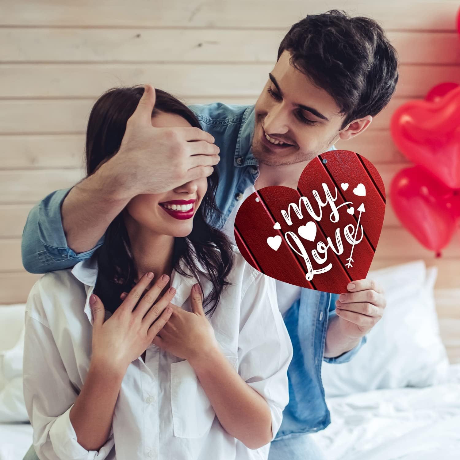 Valentines Day Decor My Love Red Wood Background With White Hearts, 15 Inch Aluminum Heart Shaped Door Sign With Red Satin Ribbon by Soul Décor