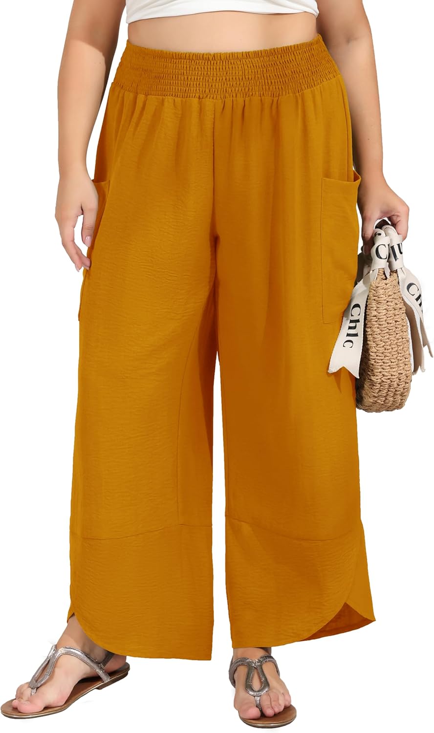 SEKINO Women's Plus Size Wide Leg Palazzo Pants High Waisted Boho Loose Casual Pant Flowy Beach Trousers with Pockets