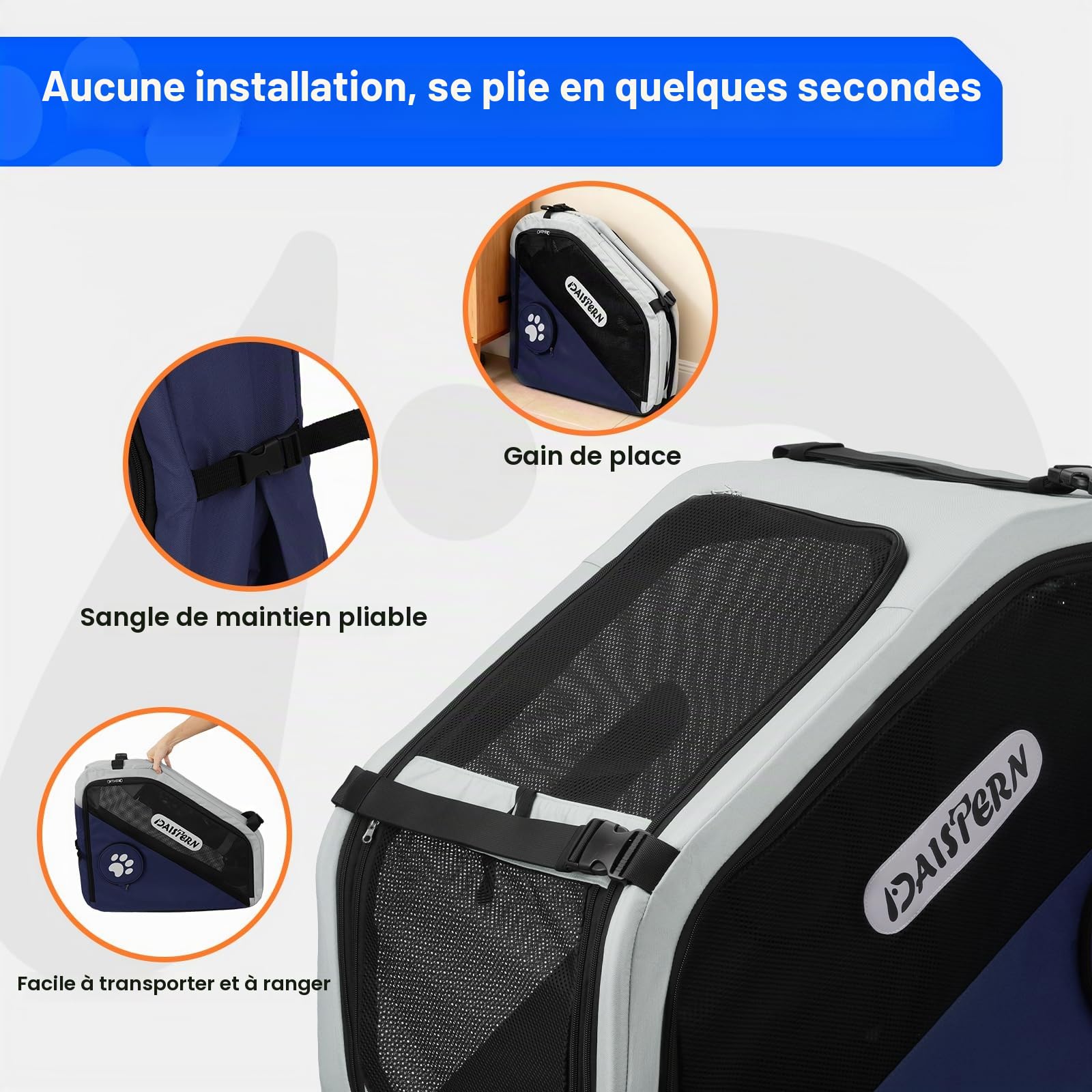 Cage de Transport Chien Pliable pour Voiture, Caisse de Voyage Souple pour Petits et Moyens Chiens, Cadre Métal Robuste, Fenêtres Maille Respirantes, Pliage Rapide, Bleu
