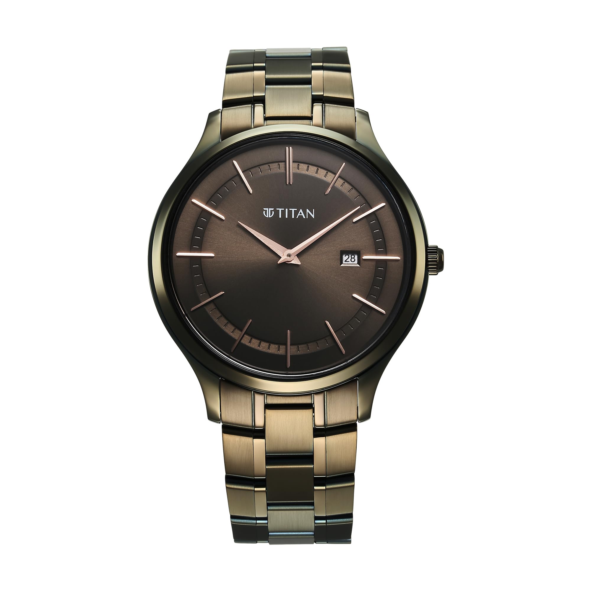 Titan Clasique Slim Quartz Analog with Date Brown Dial with Two Toned Color Stainless Steel Strap Watch for Men/NT90142QM07