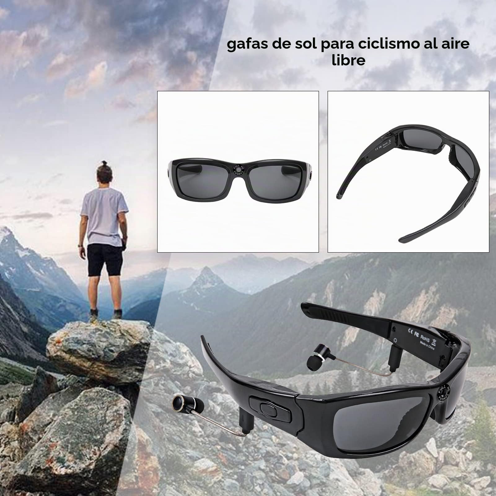 Zunate Cámara de Gafas de Sol, Cámara de Gafas Portátiles de 1080P con Auriculares, Grabadora de Video de 5MP para Conducir, Montar, Deportes Al Aire Libre, Compatible con la Función OTG