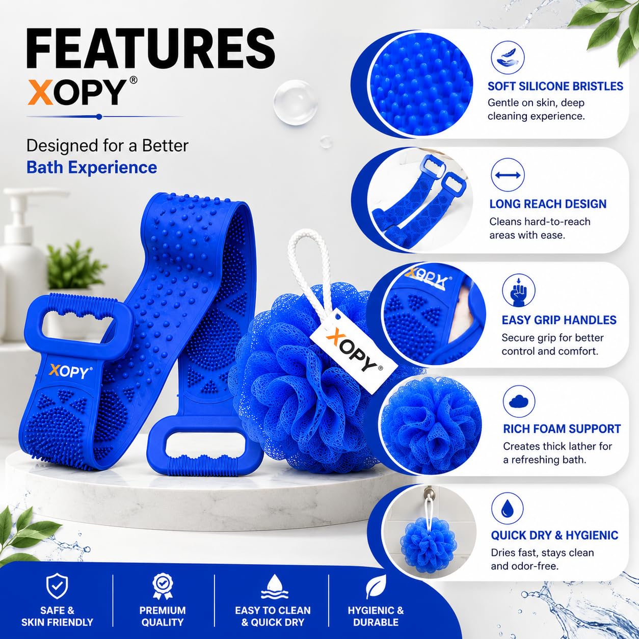 Silicone Bathing Belt & Loofah Combo for Men & Women | Double-Sided Back Scrubber with Long Handles for Deep Cleansing & Exfoliation | Soft Silicone Body Scrubber with Mesh Bath Pouf | Quick Dry & Skin Friendly