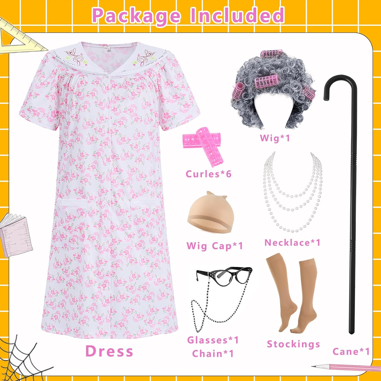 9pcs Adult Old Lady Costume for Women 100 Days of School Costume Grandma Dress Up Old Lady Costume Accessories - Image 2