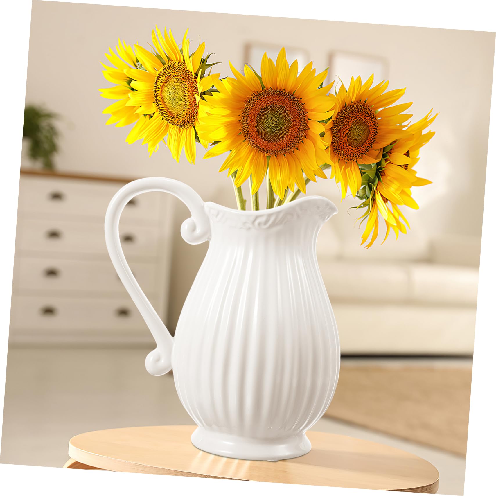 PRETYZOOM 1Pc Ceramic Pitcher Vase Simple Striped Flower Pot for Floral Arrangements Decor Accent for Dried Artificial Flowers Desktop Kitchen Decoration
