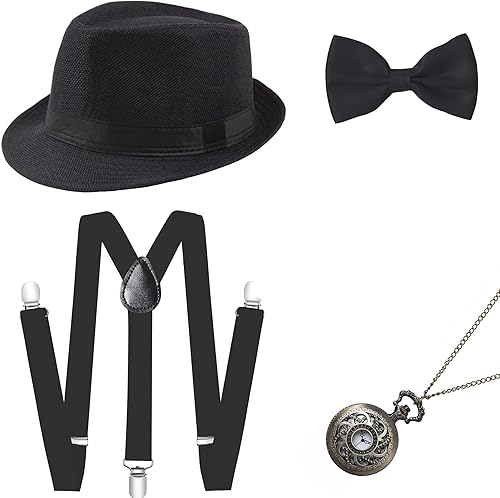 Miniatura 14 de BABEYOND 1920s - Conjunto de accesorios de gángster de Gatsby para hombre, sombrero de Panamá y pajarita