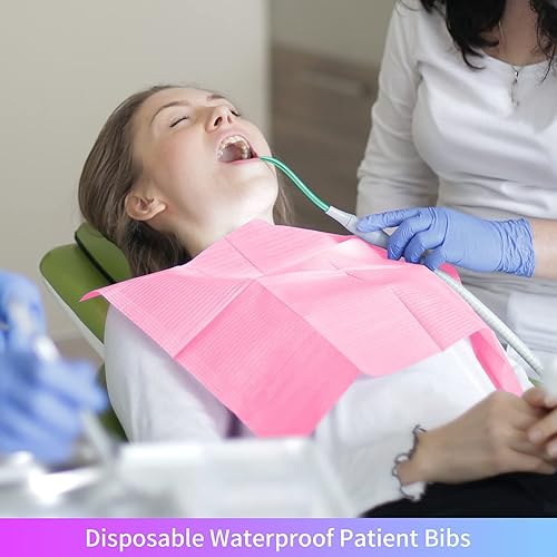 Miniatura 2 de Babero Dental Desechable Rosa Babero de Polietileno Impermeable Baberos para Pacientes de 3 Capas para Tatuaje Servilletas de Papel para Clínica