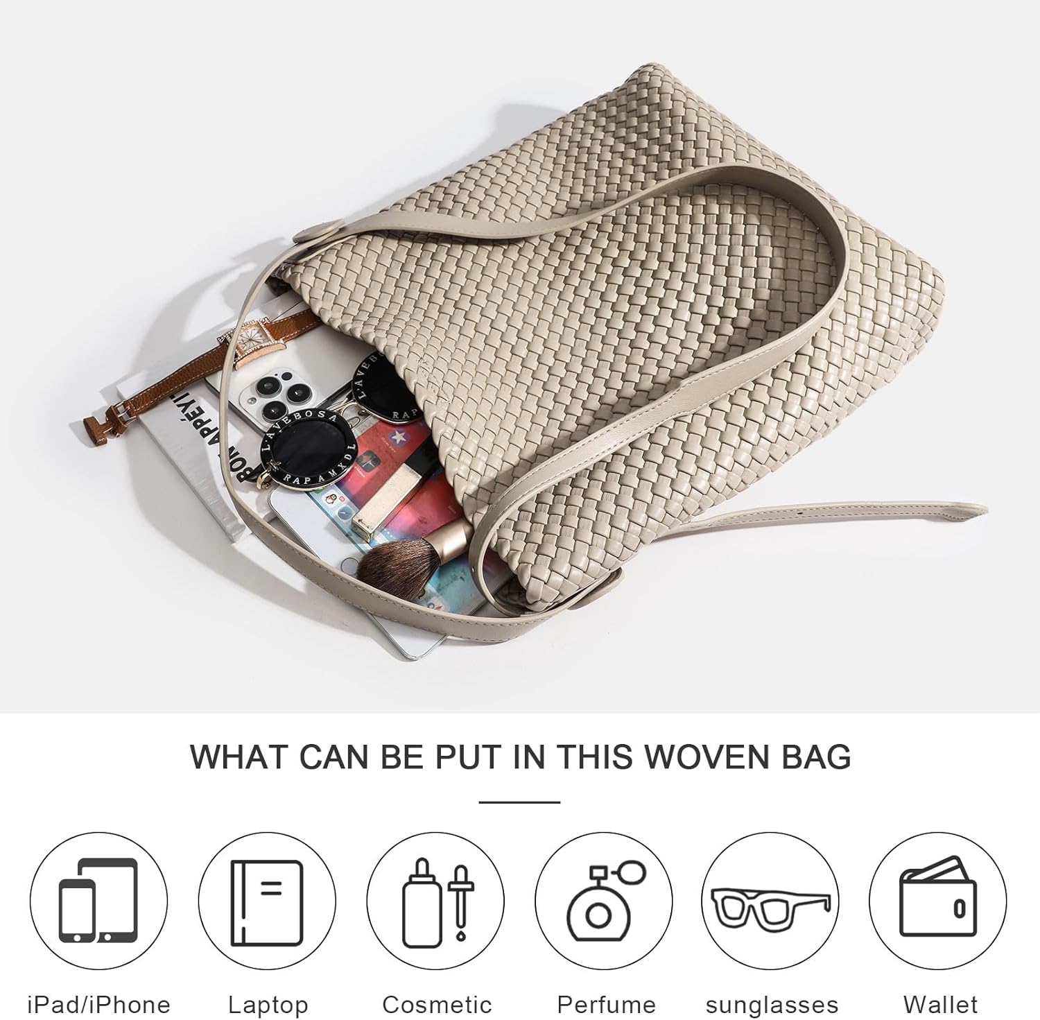 Large Woven Tote Bag Vegan Leather Shoulder Bag for Women Fashion Travel Shopper Bag Top Handle Handbag and Purse - Image 4