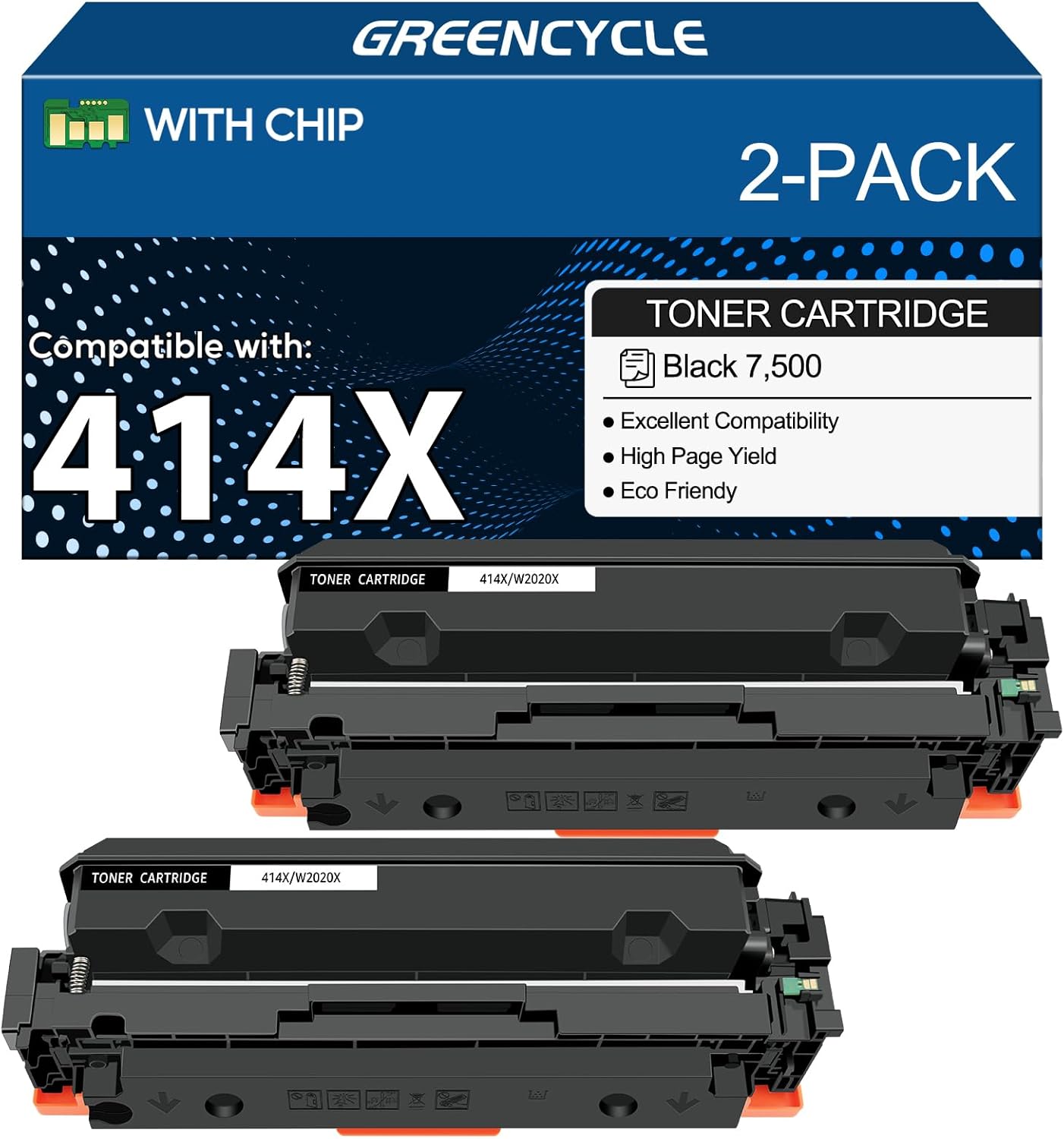 414X W2020X Black 2 Pack High Yield (with Chip) Toner Cartridge Compatible for HP 414X 414A W2020X for Color Pro M454dw M454dn Pro MFP M479fdw M479fdn M479dw M455dn MFP M480f Printers