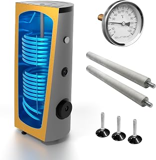 SUNEX Warmwasserspeicher 300L - Brauchwasserspeicher S2 mit 2 Wärmetauschern - für Solaranlage, Wärmepumpe und Kessel - Hochwertige Emaille 50mm PUR-Dämmung - inkl. Magnesiumanode & Thermometer