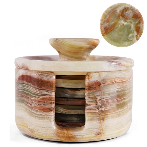 Earthen Crafts Marble Coasters Set of 6 for Drinks 3.5" Green Onyx Round Stone Drink Coaster with Holder & Lid for Table Countertop, Kitchen Counter & Coffee Table Decor