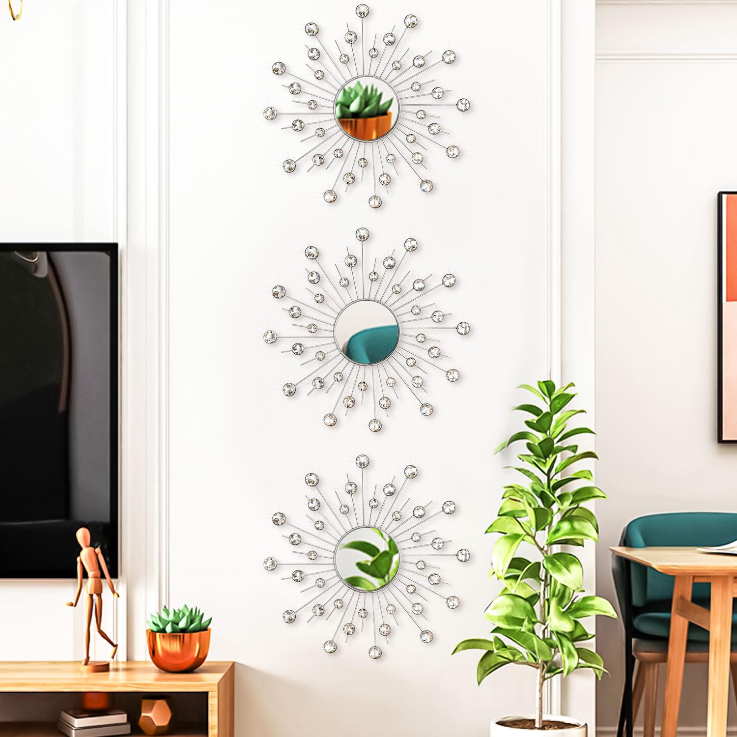 Uaussi Kristall-Sonnenspiegel, Dekoration, Strass-Spiegel, dekorative Wandkunst für Wohnzimmer, Schlafzimmer, Eingangsbereich, 3 Stück (Kristalle, Silber)