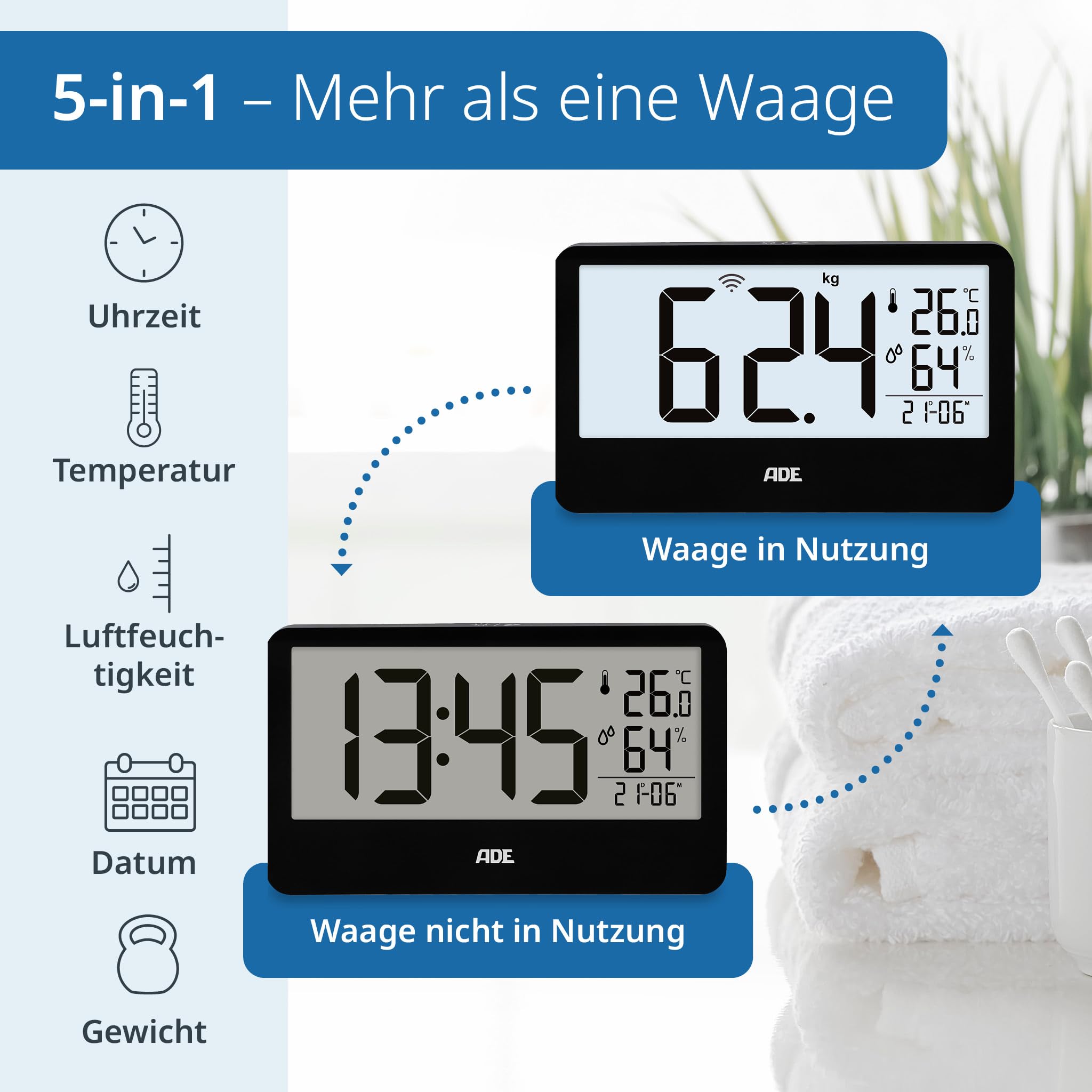 ADE Digitale Personenwaage Ronja mit Funk-Display bis 180 kg | ohne Bücken auf Augenhöhe ablesen | ideale Körperwaage für Senioren | mit Baduhr, Hygrometer, Innenthermometer | schwarz