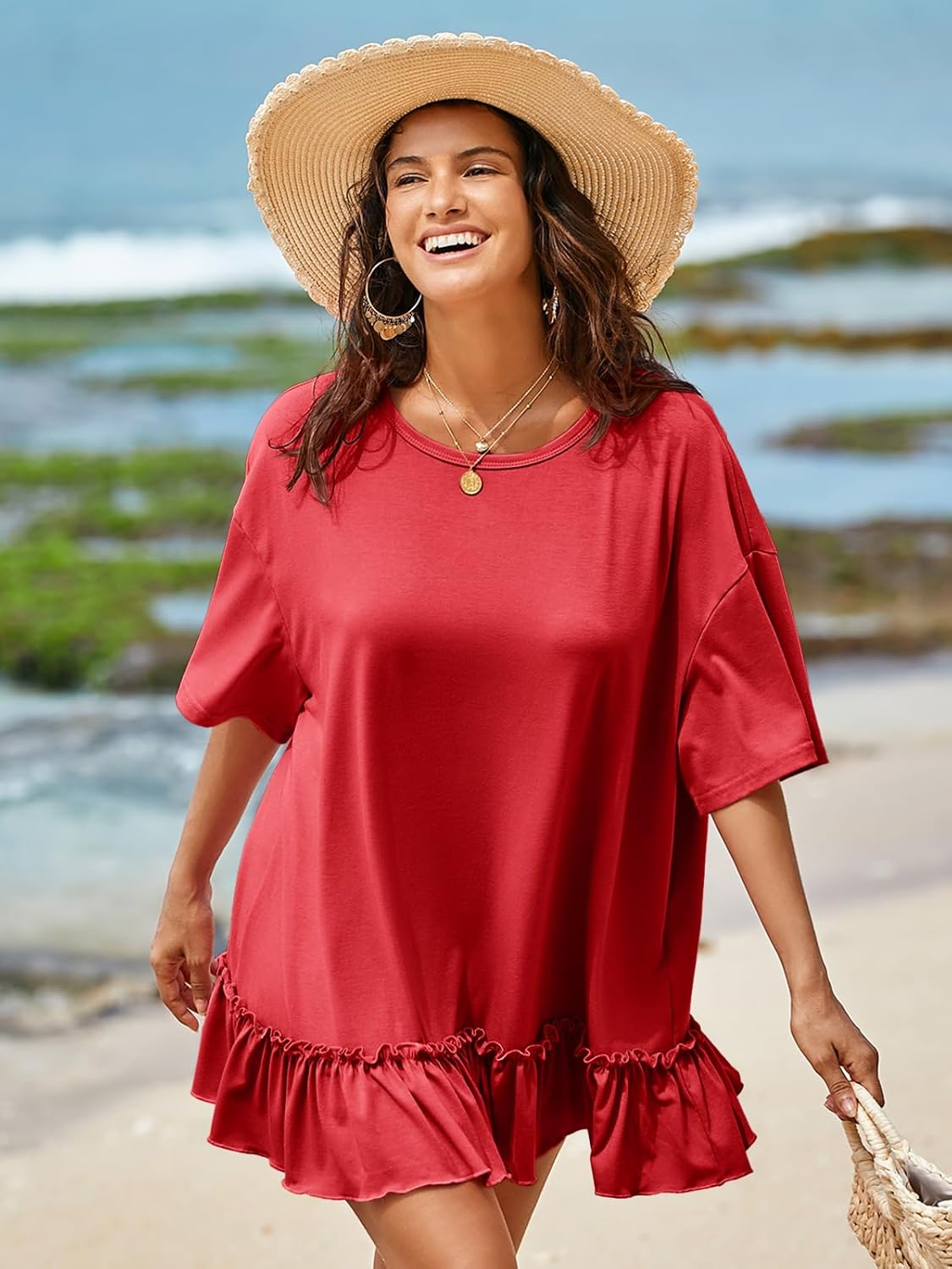 Tankaneo Womens Peplum Oversized Tshirt Summer Flowy Casual Shirt Dress Crew Neck Pleated Babydoll Beach Tunic Tops Red - Image 4