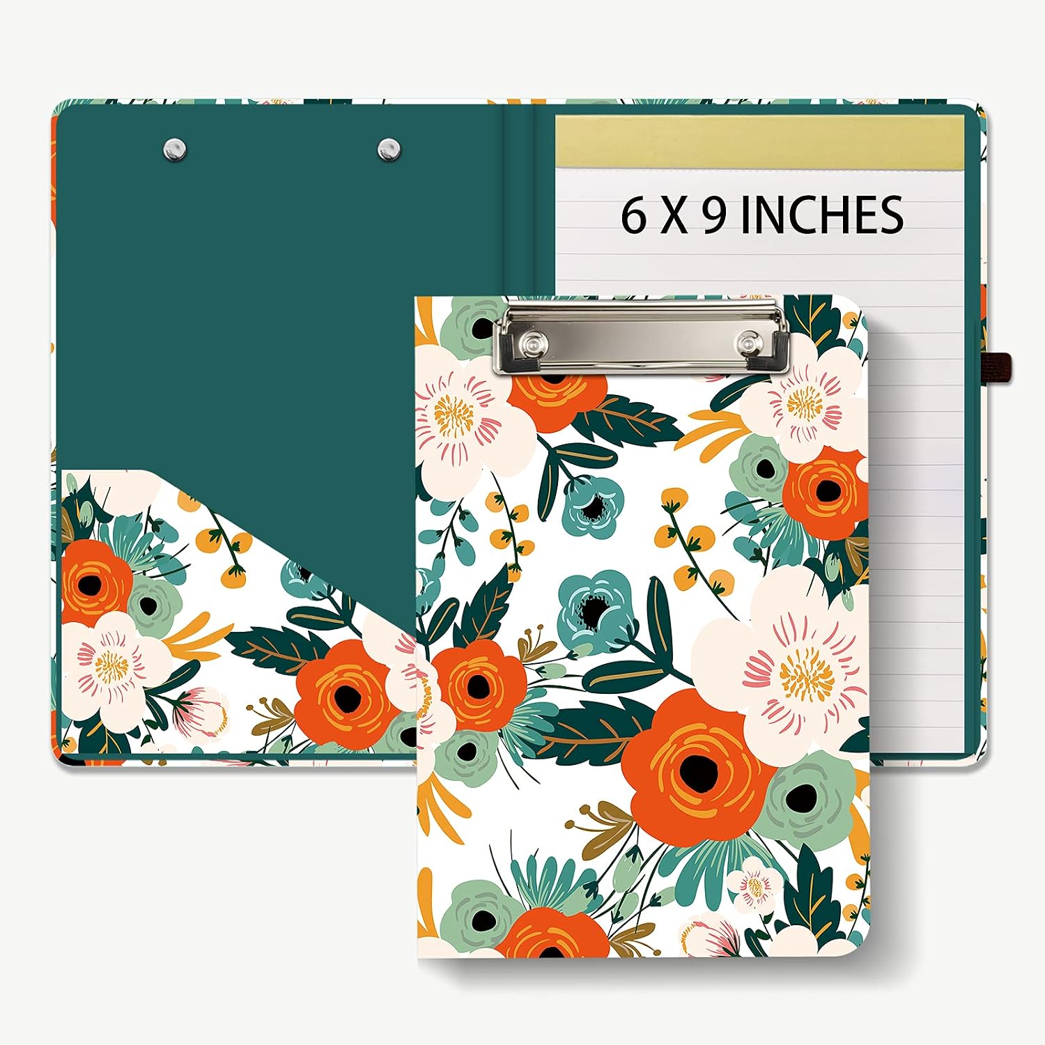 Hongri Mini Clipboard Folio with Refillable Lined Notepad and Interior Storage Pocket for Students, Classroom, Office, Women, Man, Cute Custom Pattern, Standard A5 Size 6" x 9", Classic Flower